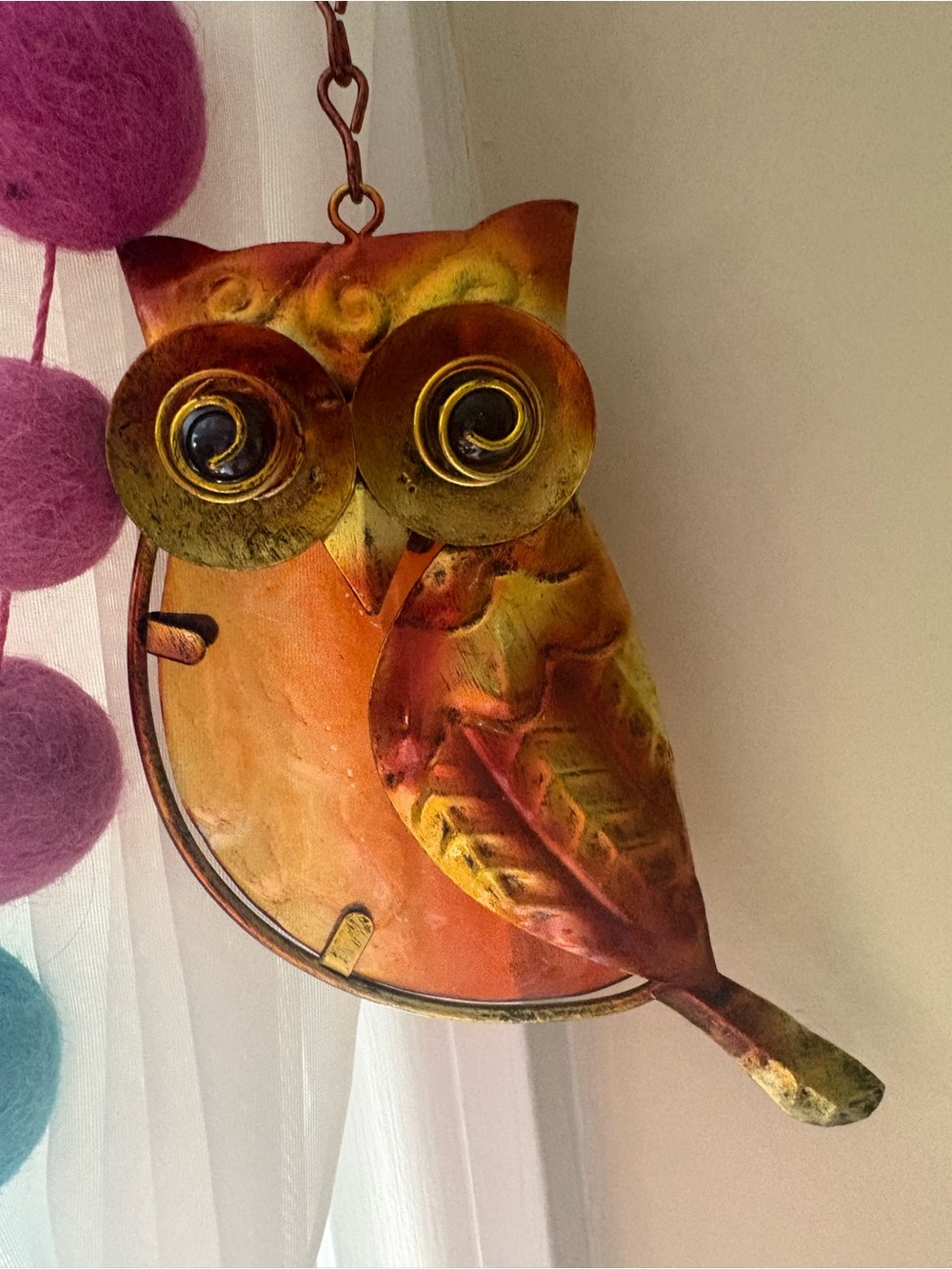 Metal Owl Wall Hanging Decor Suncatcher Orange